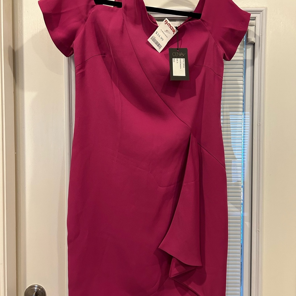 Pink Asymmetrical Sheath Dress with Flutter Sleeves